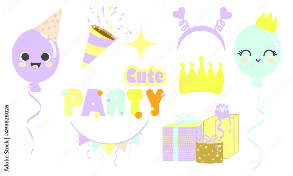 Cartoon party decorations. Collection of holiday items. Isolated vector illustration Cartoon party decorations. Collection of holiday items. Isolated vector illustration