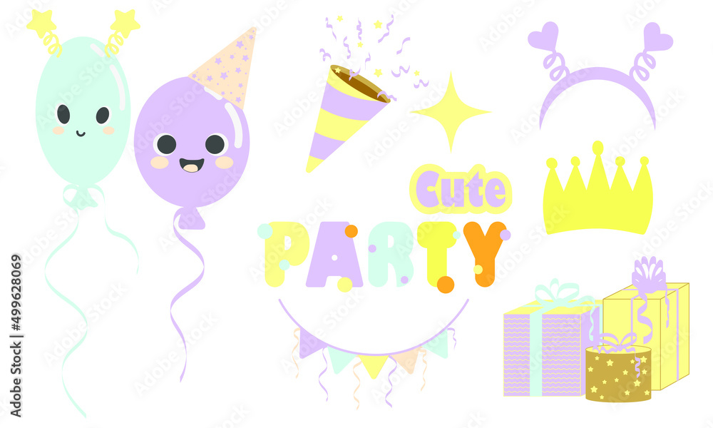 Cartoon party decorations. Collection of holiday items. Isolated vector illustration Cartoon party decorations. Collection of holiday items. Isolated vector illustration