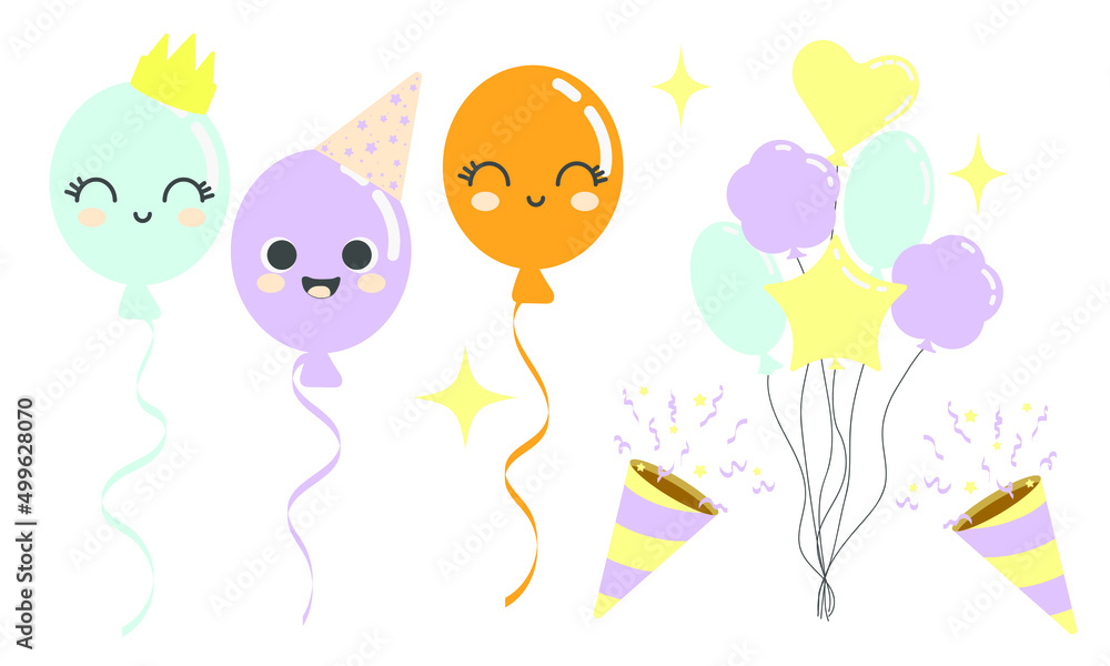 Naklejka premium Cartoon party decorations. Collection of holiday items. Isolated vector illustration
