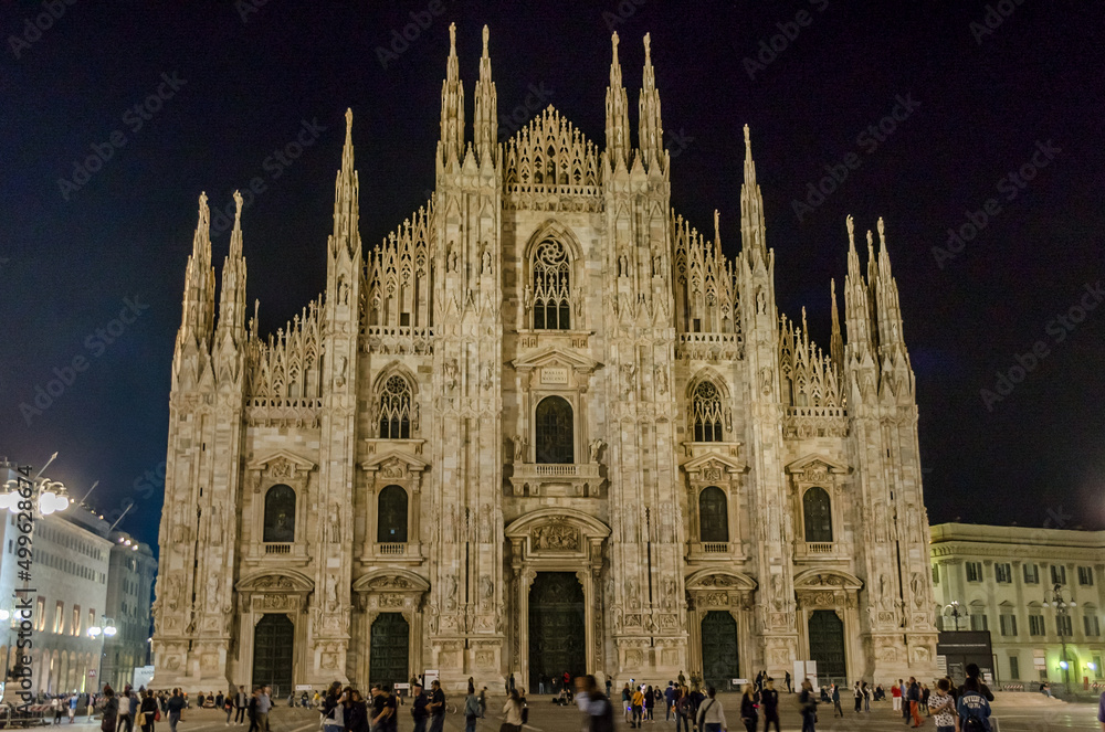 Duomo Milan Cathedral Church in Milan, Lombardy, Italy. Also Named Metropolitan Cathedral Basilica of the Nativity of Saint Mary. Located at the Center of the Square. Night Time View