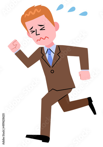 A businessman running while sweating