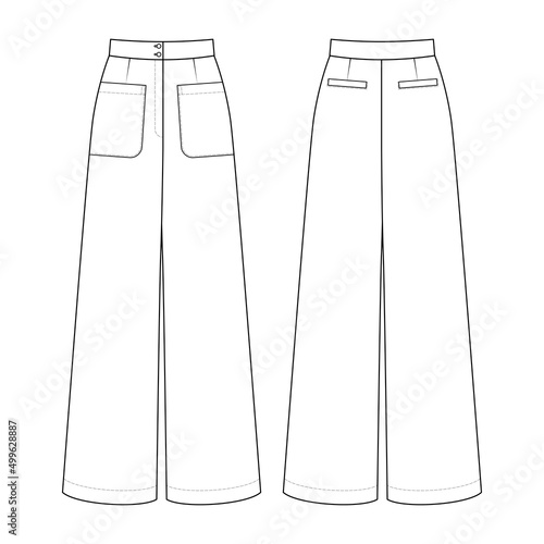 Fashion technical drawing of wide-leg pants with patch pockets. Flared trousers fashion flat sketch.
