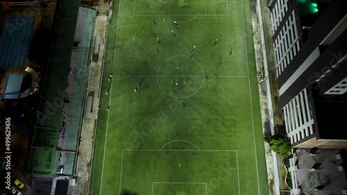 aerial view of a soccer field in full match