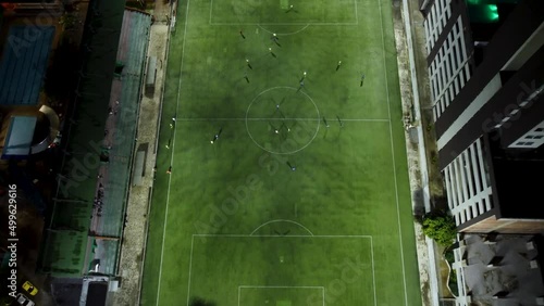 aerial view of a soccer field in full match photo