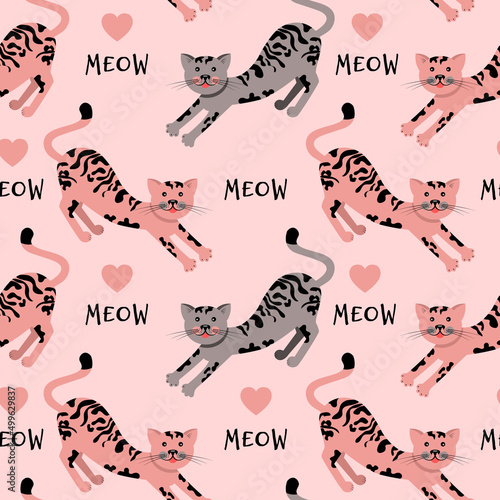 Vector seamless pattern with cute cats. Modern background with funny kittens, dragonflies, fish, flowers and hearts. Repeating template with animal tracks. Wallpaper with pets for children's textiles.