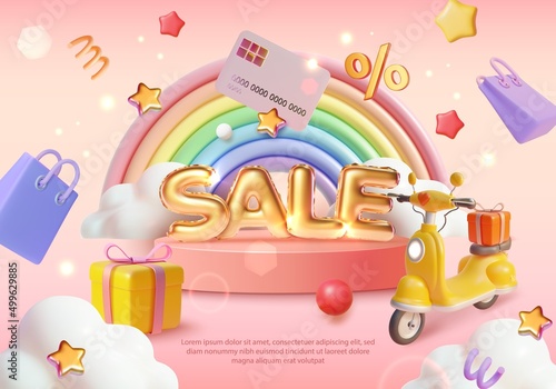 Sale Ads Banner Concept Poster Card Podium Platform Stage Product and Rainbow with Clouds. Vector illustration