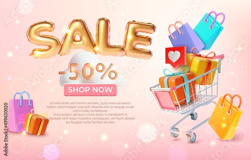 Sale Shop Now Ads Banner Concept Poster Card Trolley Market with Paper Bags and Present Gift. Vector illustration