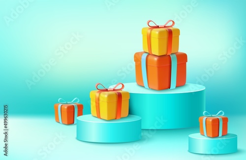 Abstract Minimal Scene with Podium Platform Stage Product and Gift Box Blue Pastel Rendering for Promotion. Vector illustration