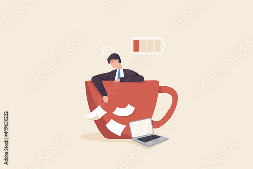 Coffee Break,  Relieve stress from drinking coffee. A businessman or employee sleeps in a large coffee cup.