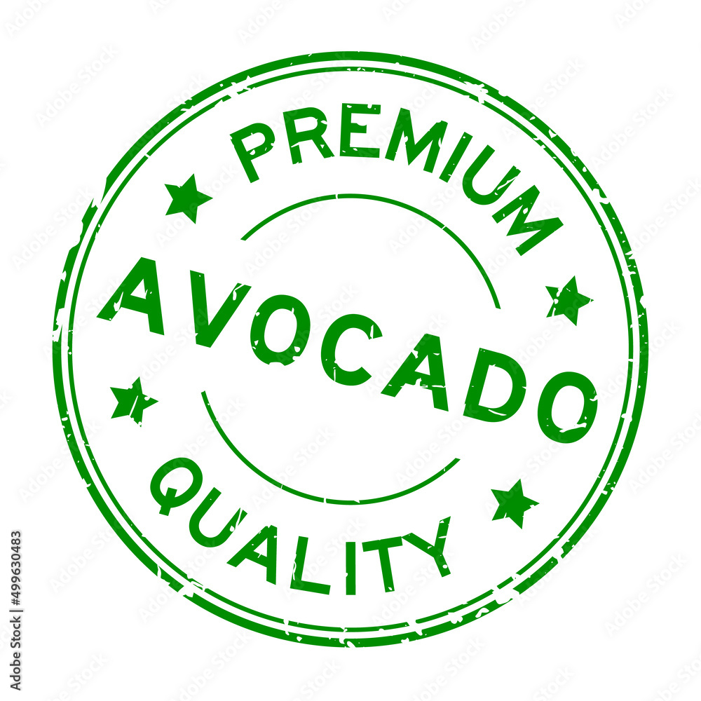 Grunge green premium quality avocado word round rubber seal stamp on white background