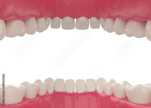 Human oral cavity with healthy white teeth inside an open mouth inside view 3d illustration