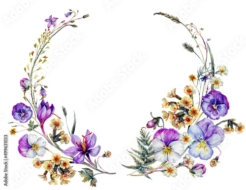 Hand Drawn Watercolor Floral Decoration Isolated on White. Spring Flowers Arrangement in Vintage Style.