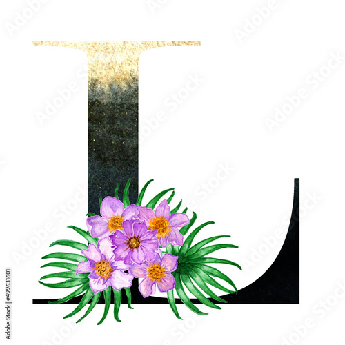 Alphabet with golden black watercolor fill and with cute bouquets of spring flowers. Suitable for greeting cards,invitations,design works,crafts and hobbies.