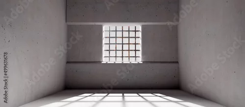 Panel kuchenny z motywem Empty jail with a window and prison bars, concrete walls and floor, dungeon interior. 3d render