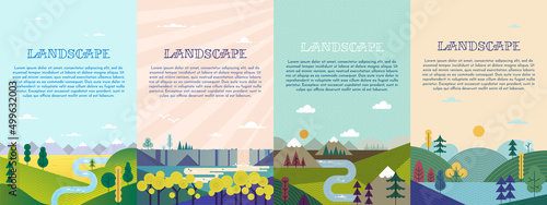 Abstract landscape vector set. Banners set with polygonal mountains landscape illustrations. Minimalistic style. Simple flat design. Hiking. Travel concept of discovering, exploring, observing nature.