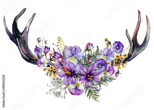Hand Drawn Watercolor Floral Decoration Isolated on White.