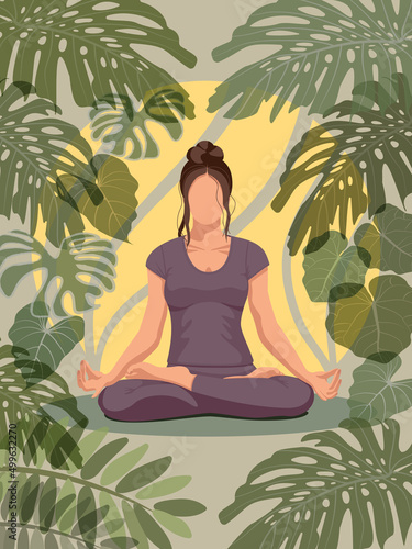 Vector background of mindfulness, meditation and yoga with a woman sitting cross-legged and meditating, surrounded by leaves of tropical plants.  Illustration with faceless woman in pastel colors.