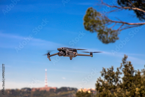 Drone in flight action while making aerial cinematic footage