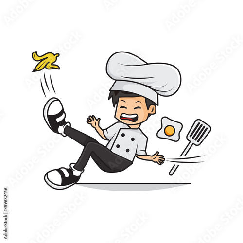Cartoon of Cute Boy Chef Slipped on Banana