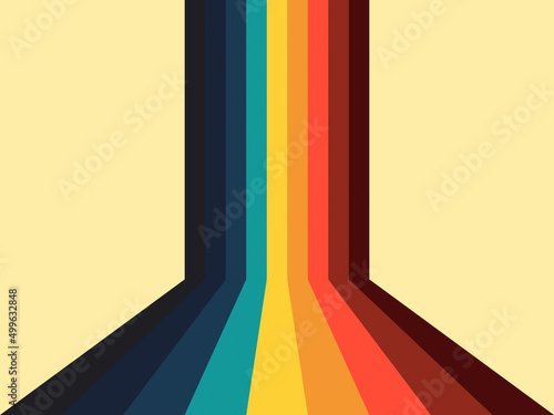 A strip of different colors going forward and rising on a wall, into a three-dimensional space. Seventies retro vibe.
