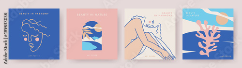 Poster set in modern art style. Concept of beauty in harmony and nature. Minimalist trendy illustration of female figure, portrait of beautiful girl, abstract nature scene. Wall art, print, cover, ads