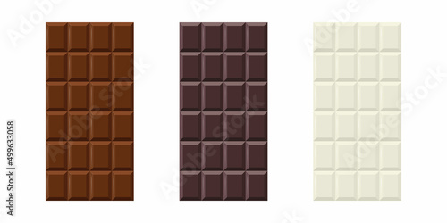Milk, dark, white chocolate bar set. Template design for sweets, confectionery, food concept, advertising. Top view. Vector illustration