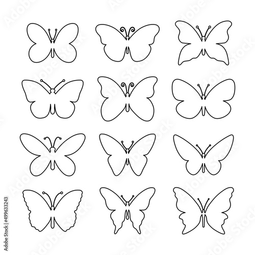 Butterfly line set. Various butterflies linear shapes collection. Vector illustration isolated on white.