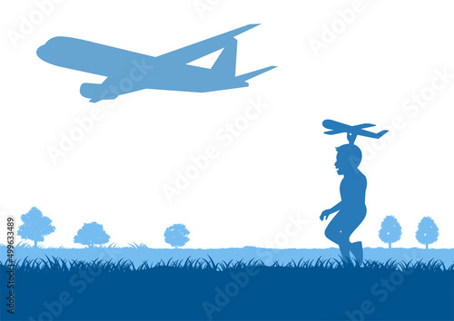 silhouette design of boy play model plane following real plane,vector illustration