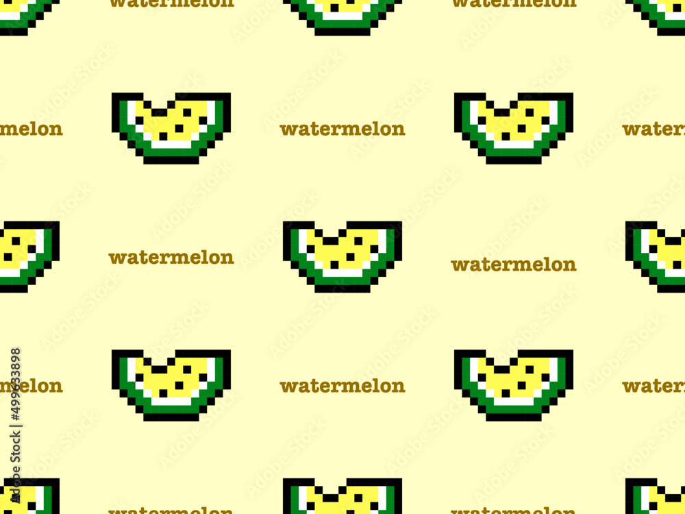 Fototapeta premium Watermelon cartoon character seamless pattern on yellow background.Pixel style