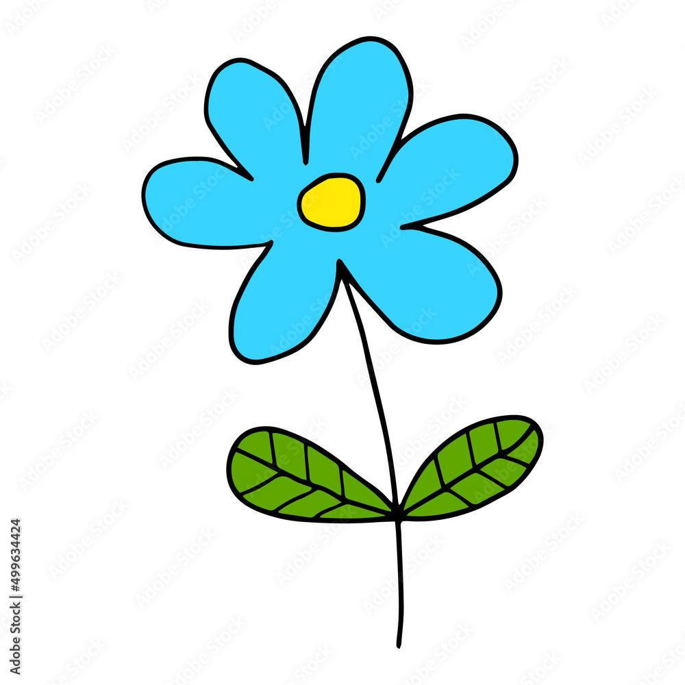 Fantasy cartoon doodle flower with leaves isolated on white background. Fantasy cartoon doodle flower with leaves isolated on white background.