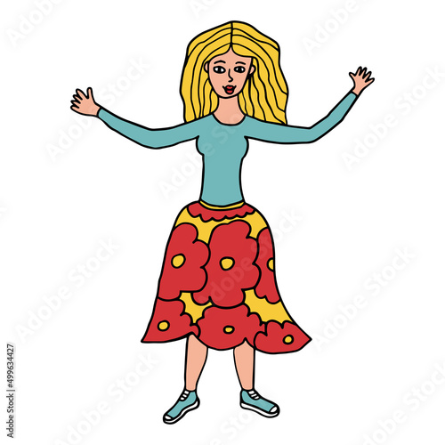 Cartoon doodle linear woman getting ready to hug isolated on white background.