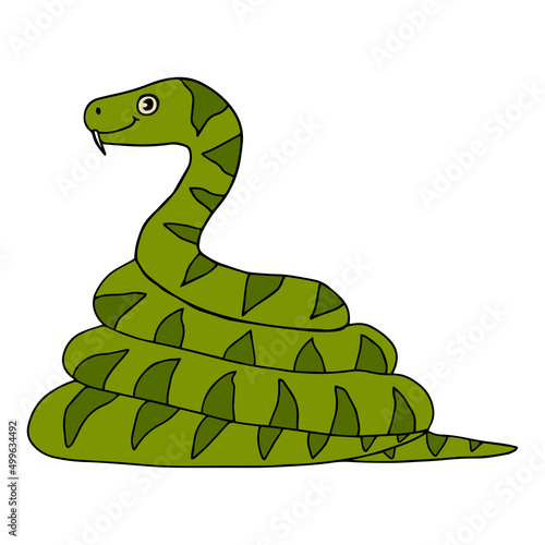 Cute cartoon coiled snake in childlike doodle style isolated on white background.  