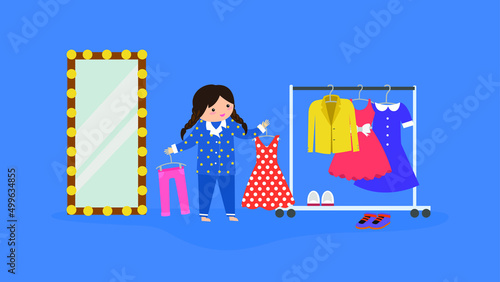 girl in the dressing room chooses an outfit