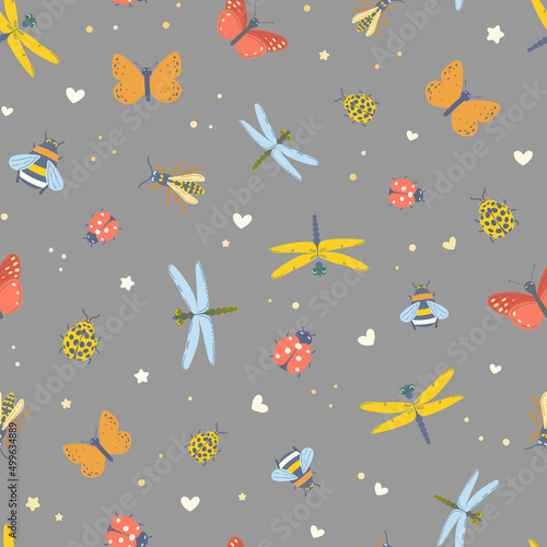 Love bugs seamless pattern cute flat illustration
