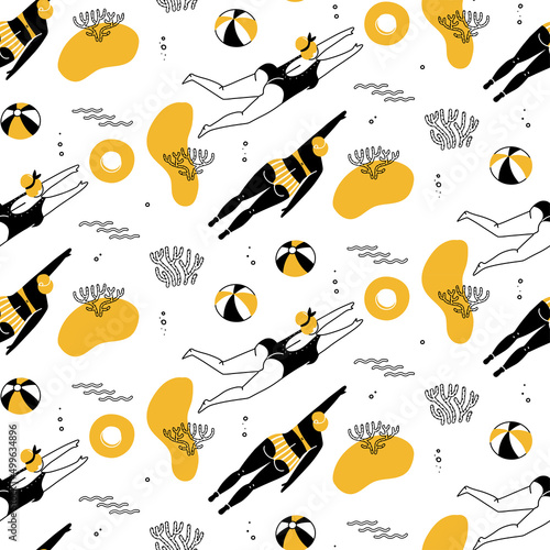 Seamless pattern of girls and women swimming on tropical sea with fishes and corals , top view. Doodle hand drawn black and white illustration