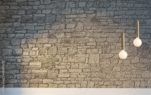 empty house interior design and lamp stone brick wall. 3D illustration