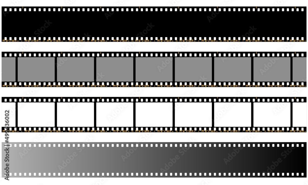 The tapes of the film are black, isolated on a white background. An old frame from a retro movie. Vector illustration