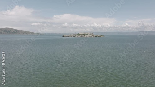 Aerial fly in of Alcatraz Island in San Francisco, California.