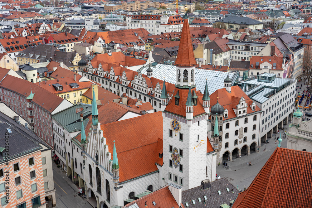areal view of Munich Germany with altes rathaus and red rooftops from saint Peter church