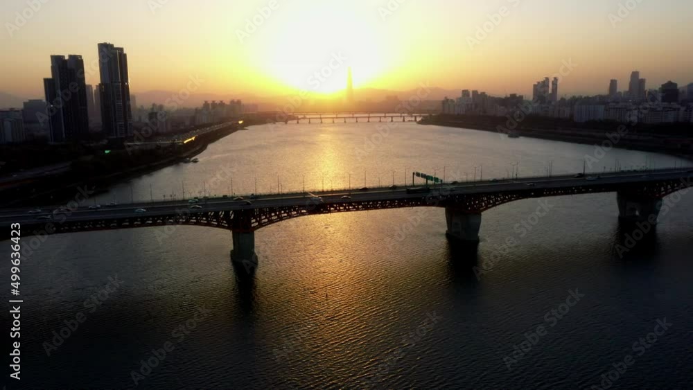 Drone view of Seoul South Korea in the morning and sunrise Drone view of Seoul South Korea in the morning and sunrise
