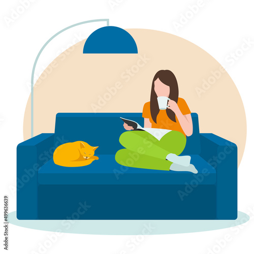 Girl with a cat sitting on the sofa, drinking coffee and reading a magazine. Flat design. Vector illustration on white background