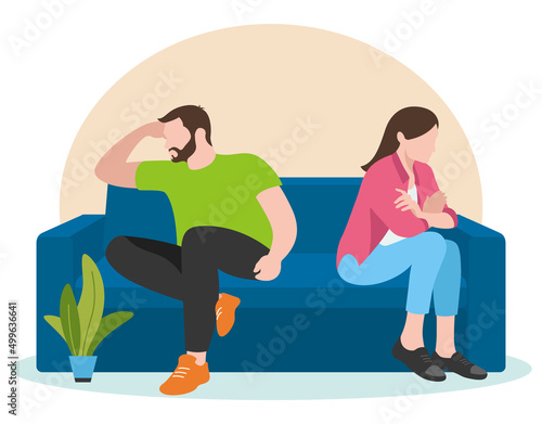 Man and woman who are offended at each other sitting on the couch. Flat design. Vector illustration on white background