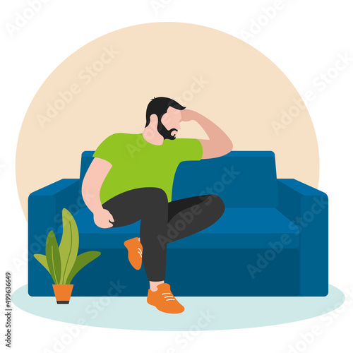 Handsome Pensive Man Sitting On Sofa In Apartment. He sits with his foot on his leg and leans on his elbow. Flat design. Vector illustration on white background