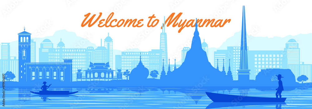 Myanmar famous landmark silhouette style behind river and boat and in front of towers,vector illustration