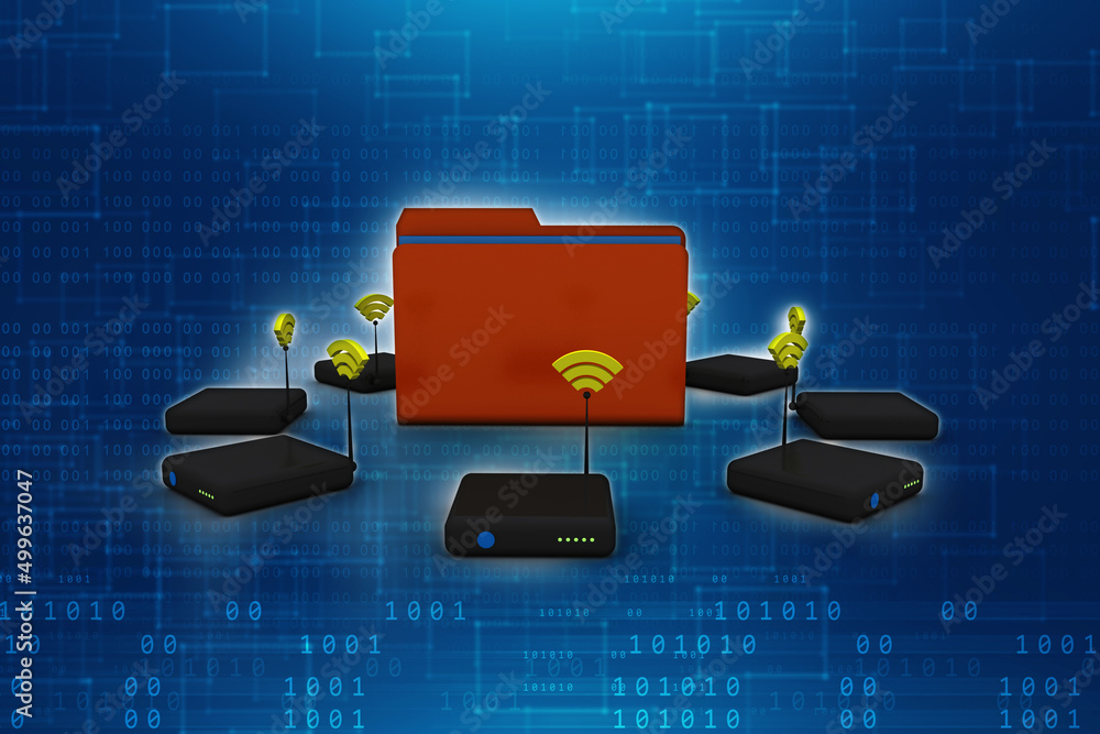 3d rendering Transmitter WiFi network around folder 3d rendering Transmitter WiFi network around folder