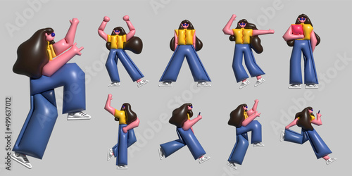 People work at computers and laptops in modern interior. 3d woman activity concept illutration design.  flat cartoon characters working. 3d concept