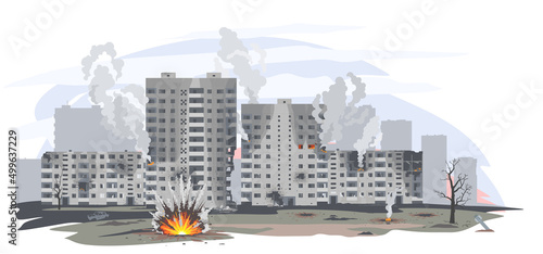 Cityscape with destroyed buildings and bomb explosions