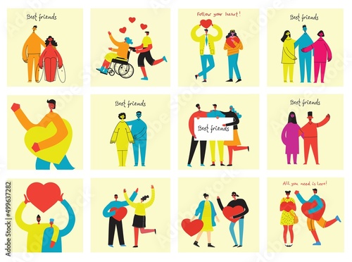 Background with happy diverse hugging people. Concept of friendship day, unity. Celebration or congratulation of multiracial students or friends.