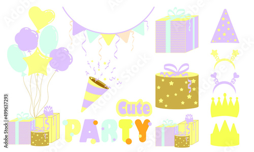 Cute Cartoon party decorations. Collection of birthday items. Isolated vector illustration 
