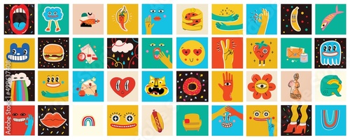 Big Set of Different colored Vector illustartions for posters in Cartoon Flat design. Hand drawn Abstract shapes, faces, different texture, greek elements, funny Comic characters.